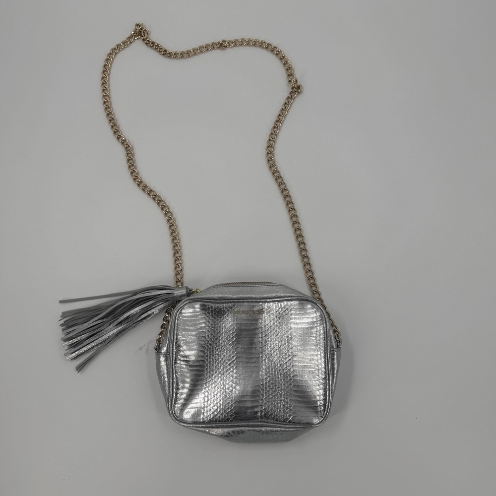 Victoria's Secret Silver Metallic Crossbody Bag Faux Leather Chain Strap Tassel